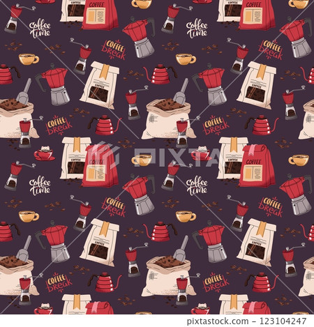Seamless pattern with coffee bag, moka pot, teapot, coffee grinder. Repeating texture with coffee accessories and tools. Barista tools. Coffee time. Suitable for textile, wallpaper, paper, etc. 123104247