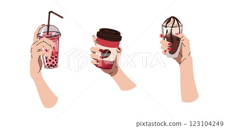 Hands with different hot aroma coffee drinks. Cappuccino, espresso, Americano, latte Beverage for Breakfast, Lunch or Coffee Break. Flat vector illustrations isolated on white background 123104249