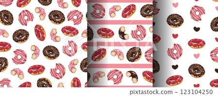 Set of Seamless patterns with glazed donuts. Repeating texture with delicious dessert for fabric, wallpaper, paper, etc. 123104250