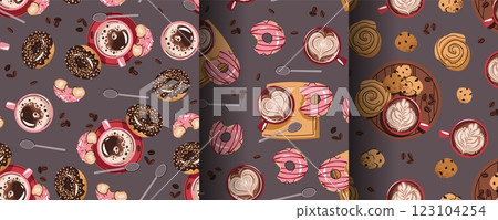 Set of Seamless patterns with a cup of coffee and a donut. Repeating texture with a coffee drink and dessert. Coffee time. Suitable for textiles, wallpaper, paper, etc. 123104254