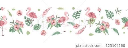 Horizontal seamless border with Cute flamingo with hibiscus and palm leaves. Vector repeating illustration of African animal for kids wallpaper, tape, fabric etc. 123104268