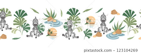 Horizontal seamless border with Cute zebra with palm leaves. Vector repeating illustration of African animal for kids wallpaper, tape, fabric etc. 123104269