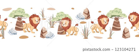 Horizontal seamless border with Cute lion cub with baobab and stones. Vector repeating illustration of African animal for kids wallpaper, tape, fabric etc. 123104271
