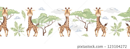 Horizontal seamless border with Cute giraffe with acacia and clouds. Vector repeating illustration of African animal for kids wallpaper, tape, fabric etc. 123104272