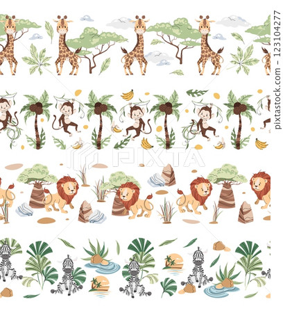 Set of Horizontal seamless borders with cute animals. Vector repeating illustration of African animals for kids wallpaper, tape, fabric etc. Set of Horizontal seamless borders with cute animals. Vector repeating illustration of African animals for kids wallpaper, tape, fabric etc. 123104277