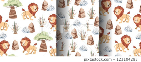 Set of Seamless Patterns with African Animals. Cute children's texture with lion, stone and grass. Vector illustration for children's wallpapers, backgrounds, fabric, etc. Set of Seamless Patterns with African Animals. Cute children's texture with lion, stone and grass. Vector illustration for children's wallpapers, backgrounds, fabric, etc. 123104285
