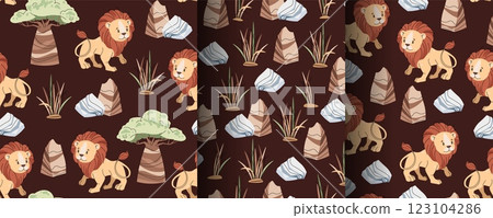 Set of Seamless Patterns with African Animals. Cute children's texture with lion, stone and grass. Vector illustration for children's wallpapers, backgrounds, fabric, etc. 123104286