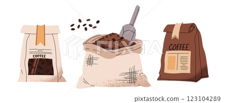 Coffee beans in canvas sack and coffee bags, closed packages of freshly roasted coffee beans. Aromatic product in paper pack for caffeine drink, beverage. Flat vector illustrations isolated on white 123104289