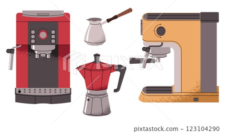 Coffee maker set. Espresso machine and cezve, geyser coffee maker. Equipment for a cafe or bakery for morning energy hot drinks. Flat vector illustrations isolated on white background Coffee maker set. Espresso machine and cezve, geyser coffee maker. Equipment for a cafe or bakery for morning energy hot drinks. Flat vector illustrations isolated on white background 123104290