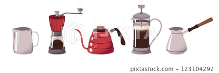 Barista tool set. Appliances for making hot coffee drinks in cartoon style. Flat vector illustrations isolated on white background 123104292