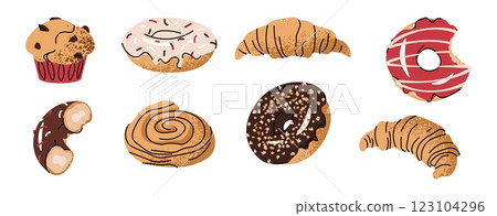 Set of delicious donuts covered with glaze and sprinkles, croissant, muffin, bun. Delicious dessert for snack, breakfast, lunch in flat cartoon style. Set of delicious donuts covered with glaze and sprinkles, croissant, muffin, bun. Delicious dessert for snack, breakfast, lunch in flat cartoon style. 123104296