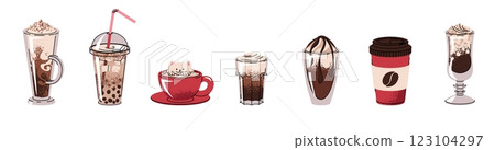 Set of different types of coffee drinks. Espresso, americano cup, cappuccino and latte in paper mug. Flat vector illustrations isolated on white background Set of different types of coffee drinks. Espresso, americano cup, cappuccino and latte in paper mug. Flat vector illustrations isolated on white background 123104297
