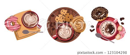 Set of Coffee cups with bun, donut and cookie in flat cartoon style. Delicious coffee drink and dessert. Breakfast composition, top view for menu, sticker, postcard, etc. 123104298