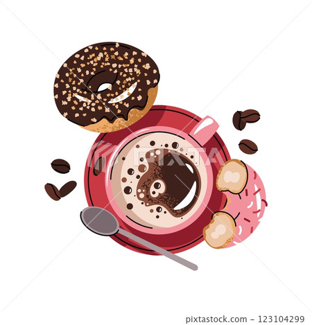 Cup of coffee with donut in flat cartoon style. Delicious coffee drink with dessert. Breakfast composition, top view for menu, sticker, postcard, etc. 123104299