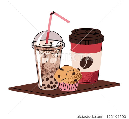 Hot coffee drink in plastic cups and cupcake on isolated background. Vector composition of breakfast, lunch in flat cartoon style. Coffee time, coffee break. Hot coffee drink in plastic cups and cupcake on isolated background. Vector composition of breakfast, lunch in flat cartoon style. Coffee time, coffee break. 123104300