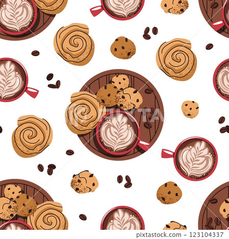Seamless pattern with a cup of coffee and a bun. Repeating texture with a coffee drink and dessert. Perfect breakfast. Suitable for textiles, wallpaper, paper, etc. 123104337