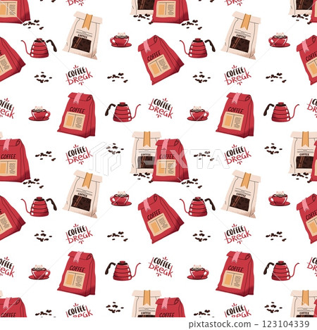 Seamless pattern with coffee bag, coffee pot. Repeating texture with coffee accessories and tools. Barista tools. Coffee break. Suitable for textiles, wallpaper, paper, etc. 123104339