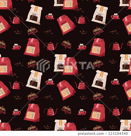 Seamless pattern with coffee bag, coffee pot. Repeating texture with coffee accessories and tools. Barista tools. Coffee break. Suitable for textiles, wallpaper, paper, etc. Seamless pattern with coffee bag, coffee pot. Repeating texture with coffee accessories and tools. Barista tools. Coffee break. Suitable for textiles, wallpaper, paper, etc. 123104340