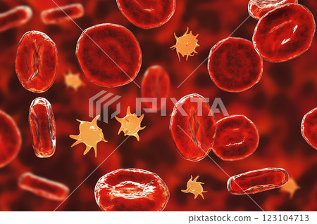 Platelets in blood smear, 3D illustration 123104713