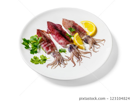 Whole fresh raw baby squid on a white plate 123104824