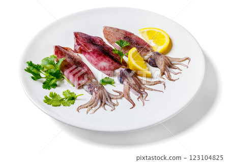 Whole fresh raw baby squid on a white plate 123104825