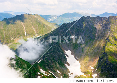 clouds in the mountains. remote recreation. landscape of transylvania alps on a sunny summer day. scenery with steep rocky slopes with grass and snow. beautiful nature background. majestic elevation 123104860