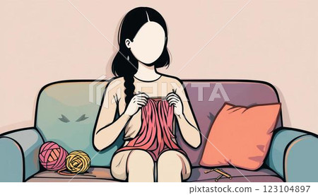 Woman sitting on sofa and knitting 123104897