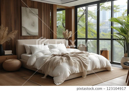 Minimal modern bedroom with a large bed, a white comforter, and a pillows. Cozy and inviting atmosphere 123104917