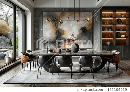 Elegant modern living room with a large dining table near the window 123104919