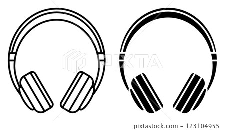 Linear icon. Wireless over ear headphones with comfortable ear pads and a soft headband. Portable gadget for playing music. Simple black and white vector isolated on white background Linear icon. Wireless over ear headphones with comfortable ear pads and a soft headband. Portable gadget for playing music. Simple black and white vector isolated on white background 123104955