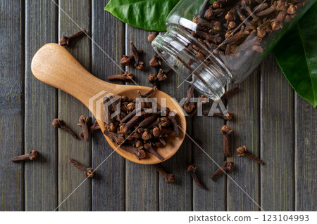 Organic cloves spice in a spoon macro. 123104993