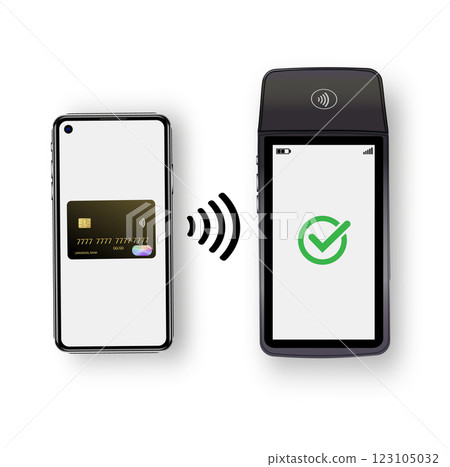 Vector 3D Realistic NFC Payment Terminal. Credit Card. Payment Machine. Template for Bank Payment Contactless Terminal. POS Terminal. 123105032