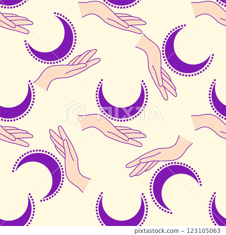 Magic seamless pattern with constellations, sun, moon, magic eyes, clouds and stars. Mystical esoteric background for design 123105063