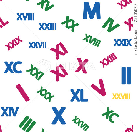 Seamless pattern with Roman numerals. Ten, twenty, thirty, forty, fifty, sixty, seventy, eighty, ninety. Algebra and geometry, calculations 123105079