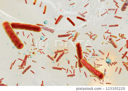 Antibiotic resistant bacteria inside a biofilm, 3D illustration. Realistic scientific background 123105220
