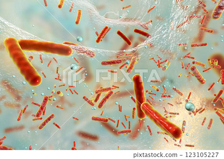 Antibiotic resistant bacteria inside a biofilm, 3D illustration. Realistic scientific background Antibiotic resistant bacteria inside a biofilm, 3D illustration. Realistic scientific background 123105227