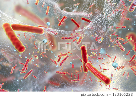 Antibiotic resistant bacteria inside a biofilm, 3D illustration. Realistic scientific background 123105228