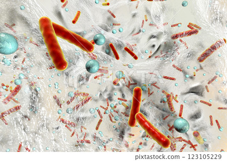 Antibiotic resistant bacteria inside a biofilm, 3D illustration. Realistic scientific background 123105229