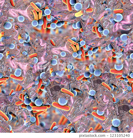 Bacteria inside biofilm, seamless background. Rod-shaped and spherical bacteria surrounded by polysaccharide matrix. 3D illustration Bacteria inside biofilm, seamless background. Rod-shaped and spherical bacteria surrounded by polysaccharide matrix. 3D illustration 123105240