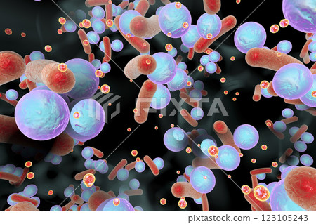 Biofilm of antibiotic resistant bacteria. Small red spheres are quorum sensing molecules used for bacterial communication inside biofilm. 3D illustration Biofilm of antibiotic resistant bacteria. Small red spheres are quorum sensing molecules used for bacterial communication inside biofilm. 3D illustration 123105243