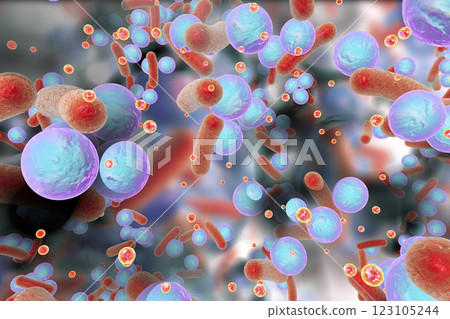 Biofilm of antibiotic resistant bacteria. Small red spheres are quorum sensing molecules used for bacterial communication inside biofilm. 3D illustration 123105244