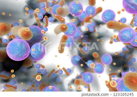 Biofilm of antibiotic resistant bacteria. Small red spheres are quorum sensing molecules used for bacterial communication inside biofilm. 3D illustration 123105245