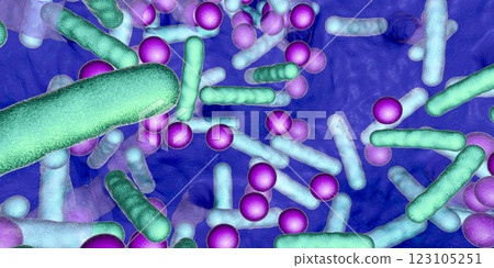 Antibiotic resistant bacteria inside a biofilm, 3D illustration. Realistic scientific background 123105251
