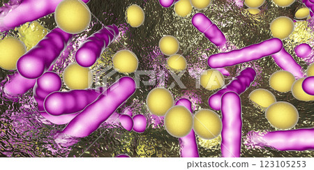 Antibiotic resistant bacteria inside a biofilm, 3D illustration. Realistic scientific background 123105253