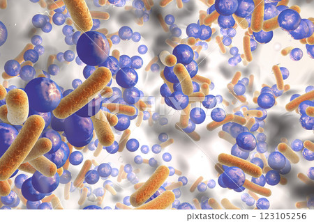 Antibiotic resistant bacteria inside a biofilm, 3D illustration. Realistic scientific background 123105256