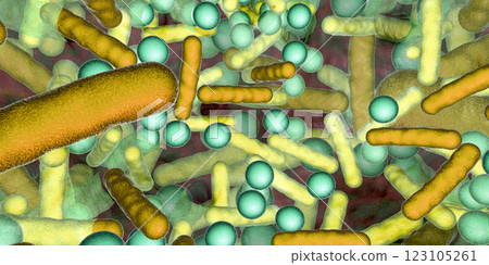 Antibiotic resistant bacteria inside a biofilm, 3D illustration. Realistic scientific background Antibiotic resistant bacteria inside a biofilm, 3D illustration. Realistic scientific background 123105261
