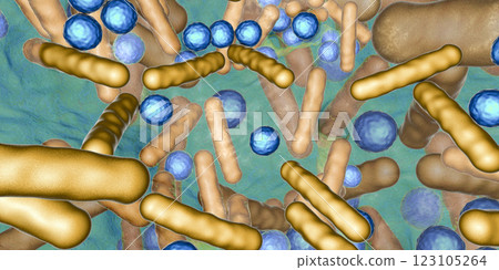 Antibiotic resistant bacteria inside a biofilm, 3D illustration. Realistic scientific background 123105264