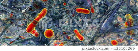 Antibiotic resistant bacteria inside a biofilm, 3D illustration. Realistic scientific background 123105269
