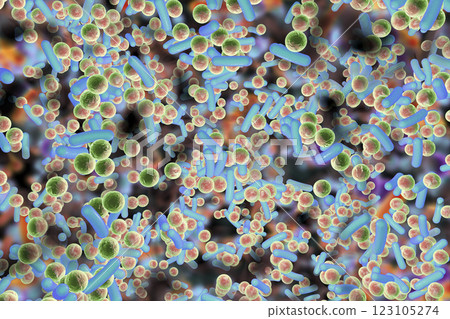 Antibiotic resistant bacteria inside a biofilm, 3D illustration. Realistic scientific background 123105274