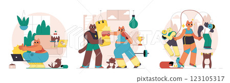 Fitness journey in a cozy home with playful animals engaging in various exercises. The lively scenes depict healthy habits, encouraging motivation and fun in workouts. Ideal for promoting wellness. Fitness journey in a cozy home with playful animals engaging in various exercises. The lively scenes depict healthy habits, encouraging motivation and fun in workouts. Ideal for promoting wellness. 123105317
